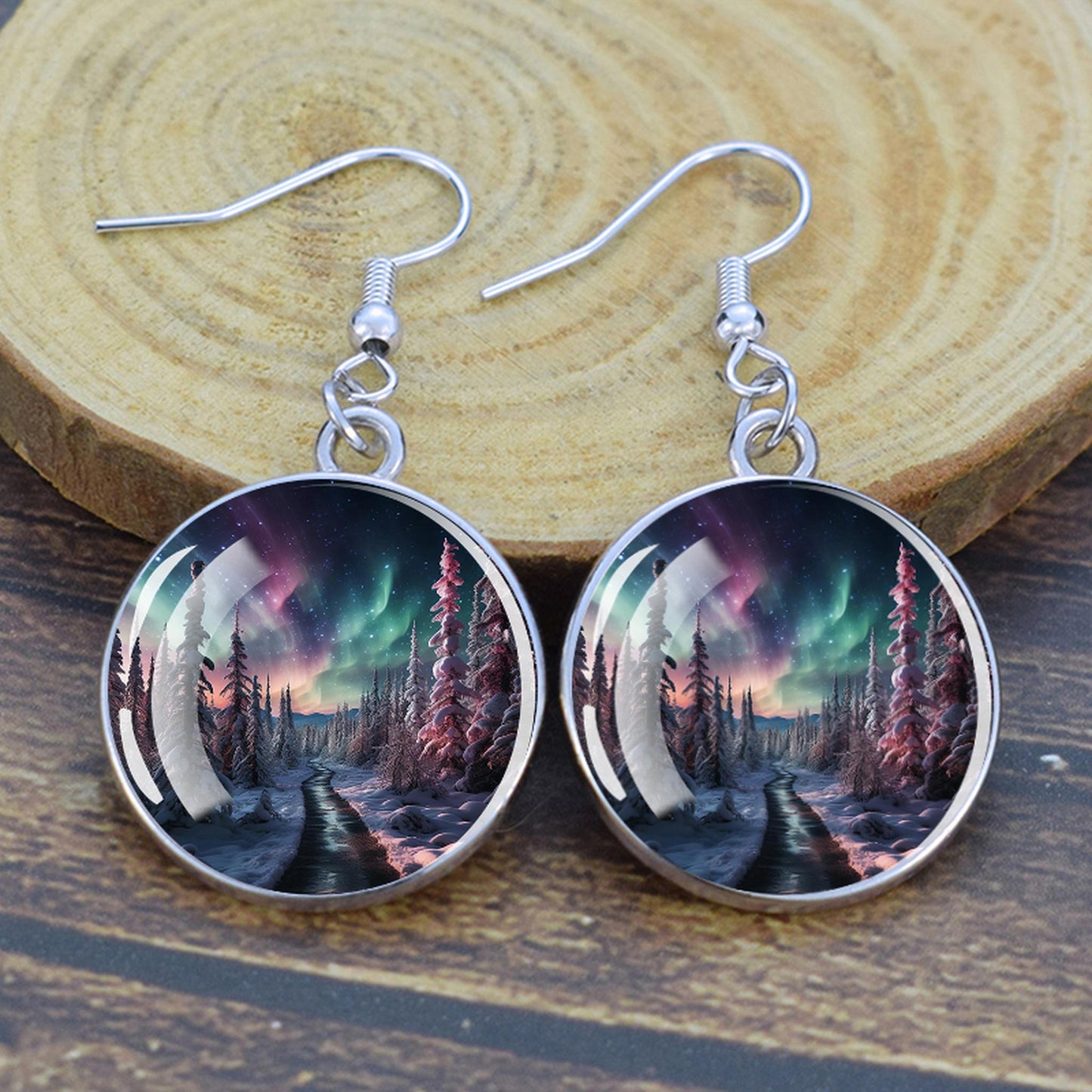 Lýsandi Aurora Borealis dropaeyrnalokkar - Northern Lights Skartgripir - Einstakir Cabochon Dangle eyrnalokkar úr gleri - Fullkomin Aurora Lovers gjöf