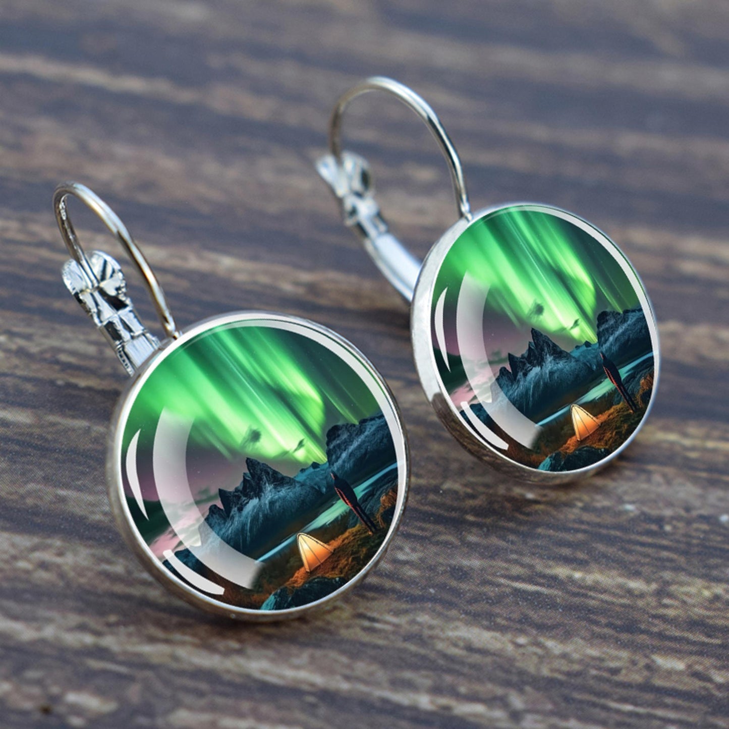 Luminous Aurora Borealis Hook Earrings - Northern Lights Jewelry - Unique Glass Cabochon Drop Earrings - Perfect Aurora Lovers Gift