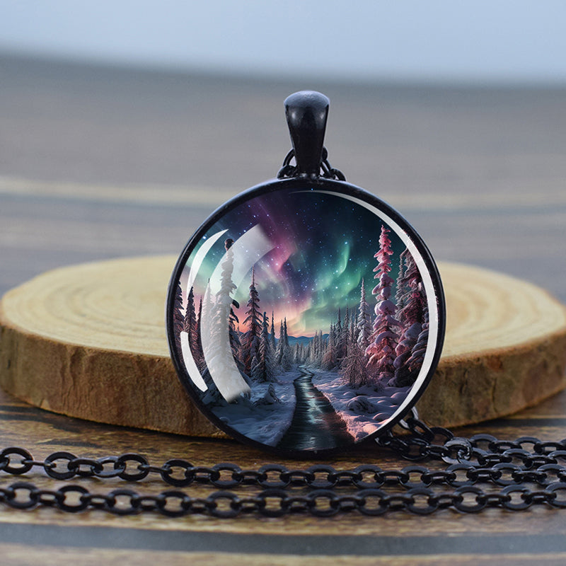 Luminous Aurora Borealis Black Necklace - Northern Light Jewelry - Unique Glass Dome Pendent Necklace - Perfect Aurora Lovers Gift