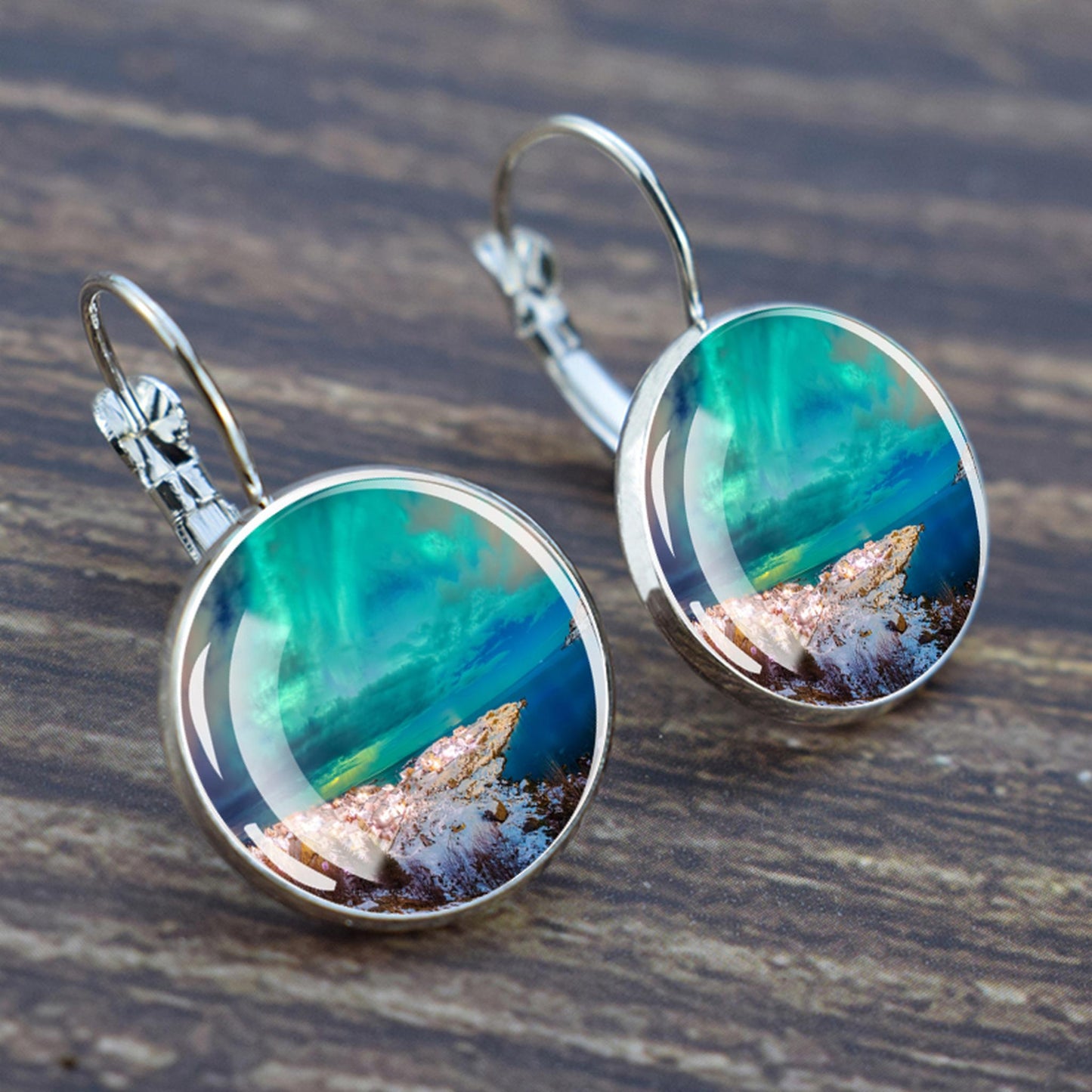 Luminous Aurora Borealis Hook Earrings - Northern Lights Jewelry - Unique Glass Cabochon Drop Earrings - Perfect Aurora Lovers Gift