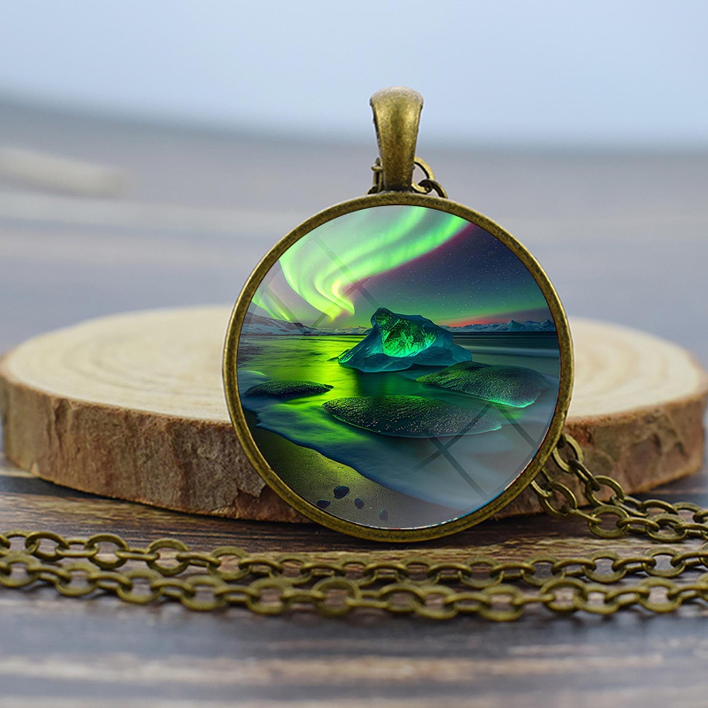 Luminous Aurora Borealis Bronze Necklace - Northern Light Jewelry - Unique Glass Dome Pendent Necklace - Perfect Aurora Lovers Gift