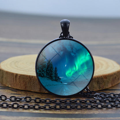 Luminous Aurora Borealis Black Necklace - Northern Light Jewelry - Unique Glass Dome Pendent Necklace - Perfect Aurora Lovers Gift