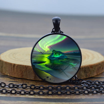 Luminous Aurora Borealis Black Necklace - Northern Light Jewelry - Unique Glass Dome Pendent Necklace - Perfect Aurora Lovers Gift