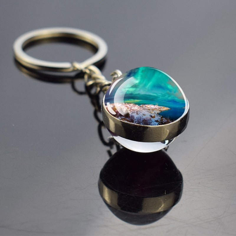 Porte-clés lumineux Aurora Borealis - Bijoux Northern Light - Porte-clés unique en boule de verre double face - Cadeau parfait pour les amoureux des aurores boréales