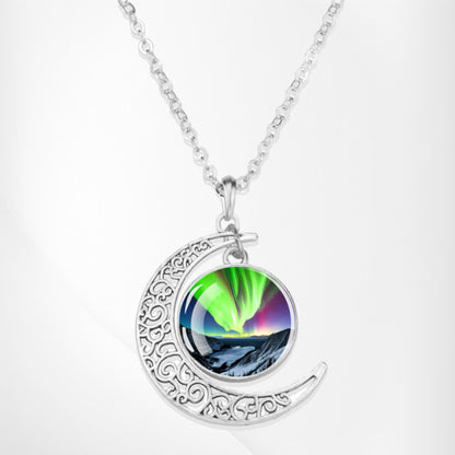 Luminous Aurora Borealis Crescent Necklace- Northern Light Jewelry - Unique Crescent Glass Cabochon Pendent Necklace - Perfect Aurora Lovers Gift