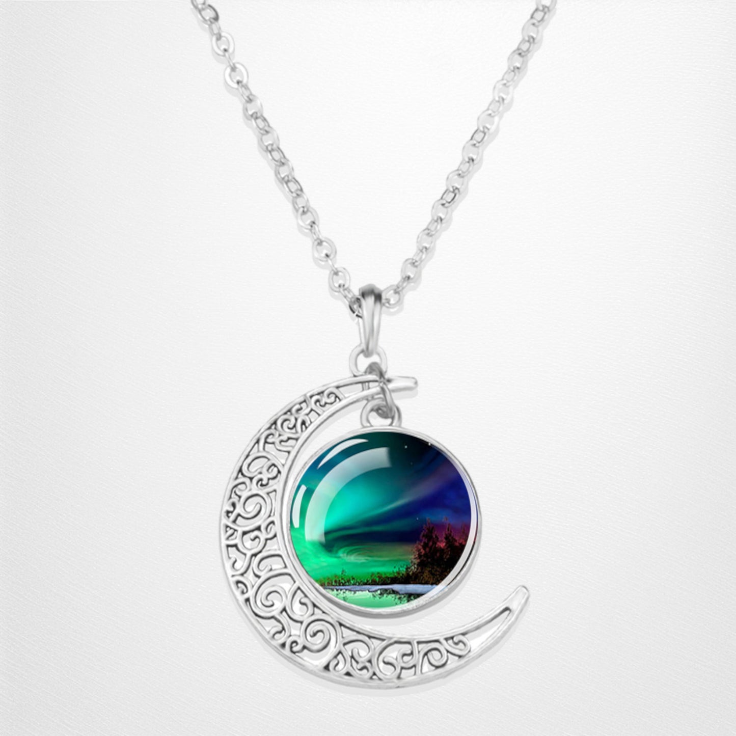 Luminous Aurora Borealis Crescent Necklace- Northern Light Jewelry - Unique Crescent Glass Cabochon Pendent Necklace - Perfect Aurora Lovers Gift