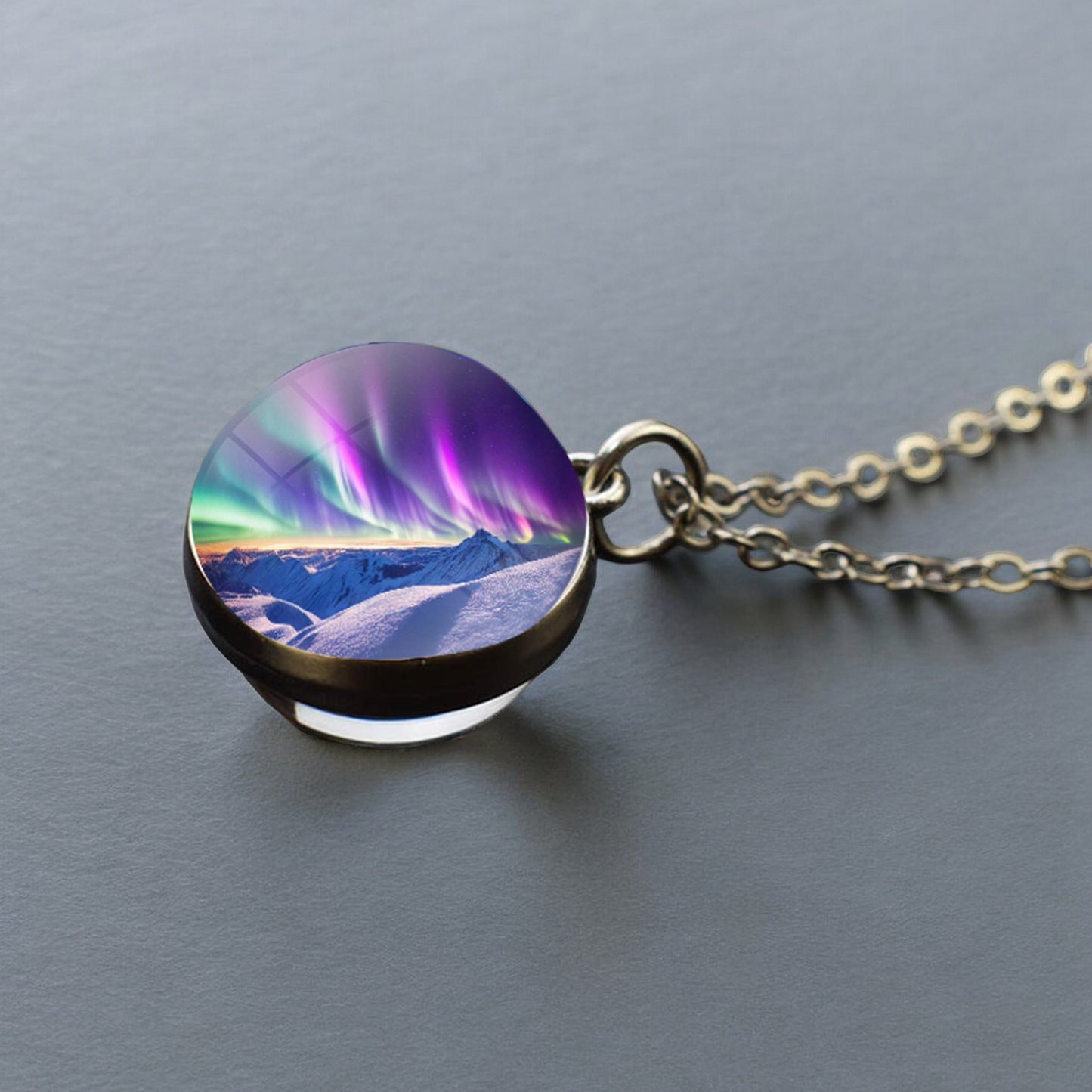 Luminous Aurora Borealis Silver Necklace- Northern Light Jewelry - Unique Double Side Glass Ball Pendent Necklace - Perfect Aurora Lovers Gift