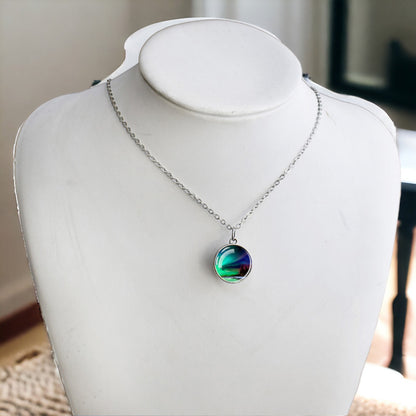 Luminous Aurora Borealis Black Necklace - Northern Light Jewelry - Unique Glass Dome Pendent Necklace - Perfect Aurora Lovers Gift