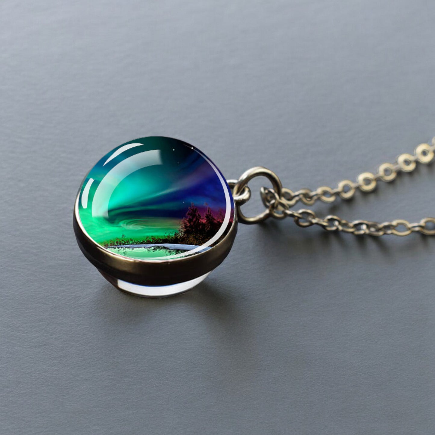 Luminous Aurora Borealis Silver Necklace- Northern Light Jewelry - Unique Double Side Glass Ball Pendent Necklace - Perfect Aurora Lovers Gift