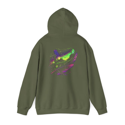 Aurora Borealis Unisex Heavy Blend™ Hooded Sweatshirt (Back design) - Northern Lights Arctic Feather Character Magical Night Starry Sky Field Tree Nature Adventure - Autumn Fall T-shirt - Aurora Gift