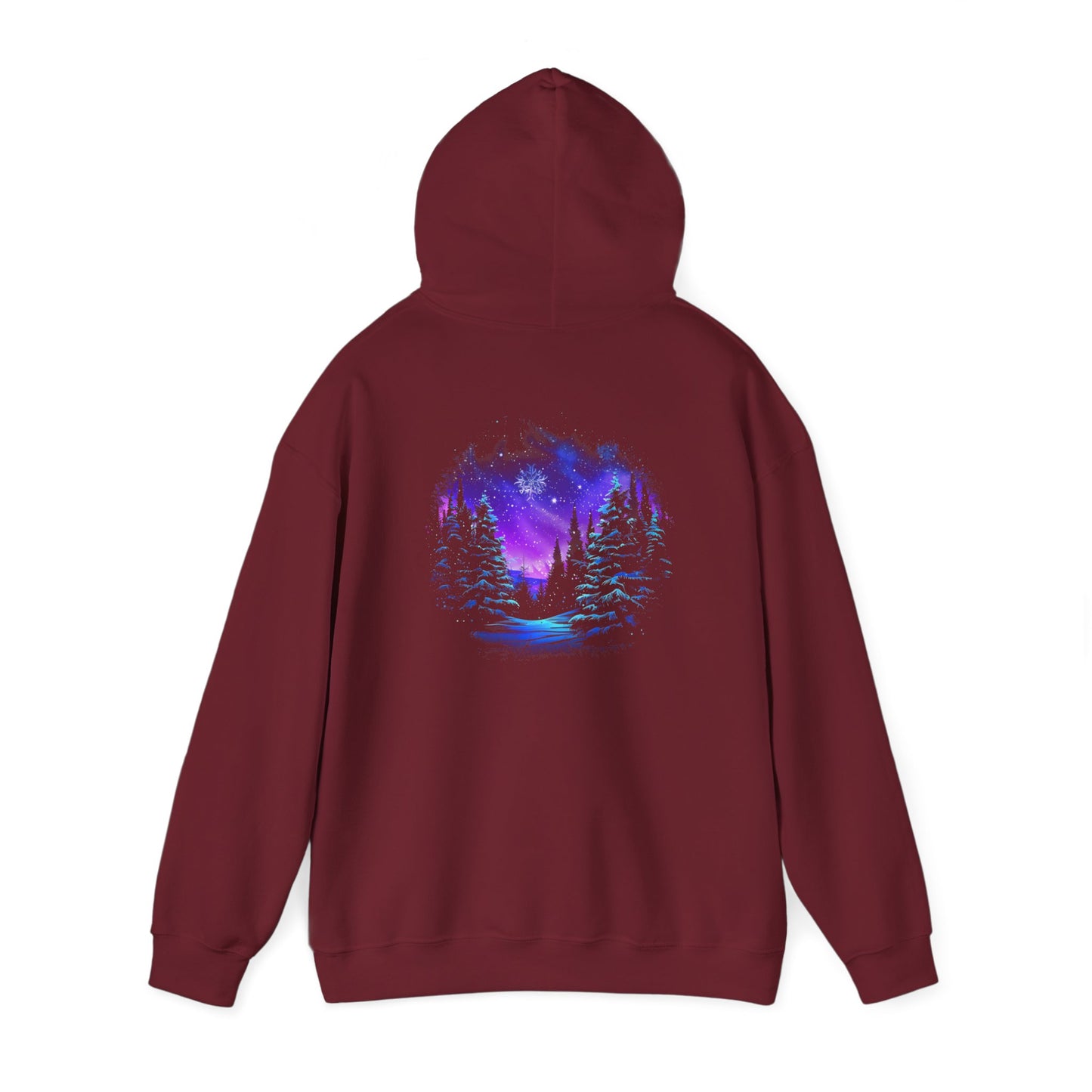 Aurora Borealis Unisex Heavy Blend™ Hooded Sweatshirt (Back design) - Northern Lights Arctic Magical Night Starry Sky Forest Tree Snow Snowflake Nature Adventure - Autumn Fall T-shirt - Aurora Gift