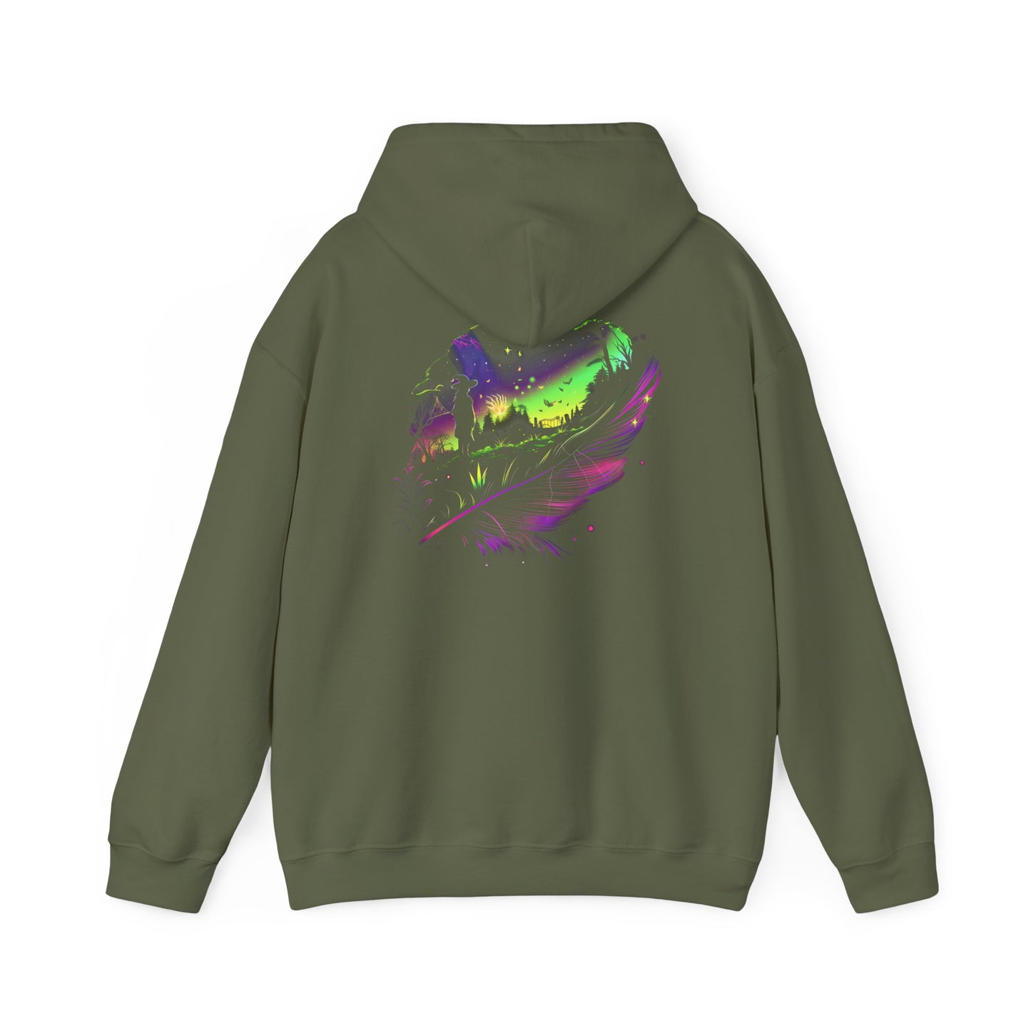 Aurora Borealis Unisex Heavy Blend™ Hooded Sweatshirt (Back design) - Northern Lights Arctic Feather Character Magical Night Starry Sky Field Tree Nature Adventure - Autumn Fall T-shirt - Aurora Gift