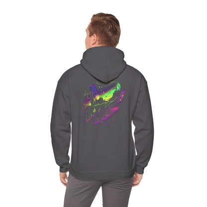 Aurora Borealis Unisex Heavy Blend™ Hooded Sweatshirt (Back design) - Northern Lights Arctic Feather Character Magical Night Starry Sky Field Tree Nature Adventure - Autumn Fall T-shirt - Aurora Gift