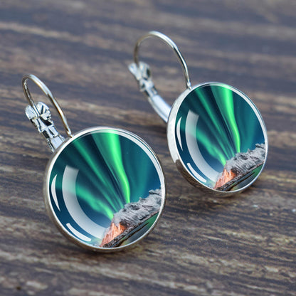 Luminous Aurora Borealis Hook Earrings - Northern Lights Jewelry - Unique Glass Cabochon Drop Earrings - Perfect Aurora Lovers Gift