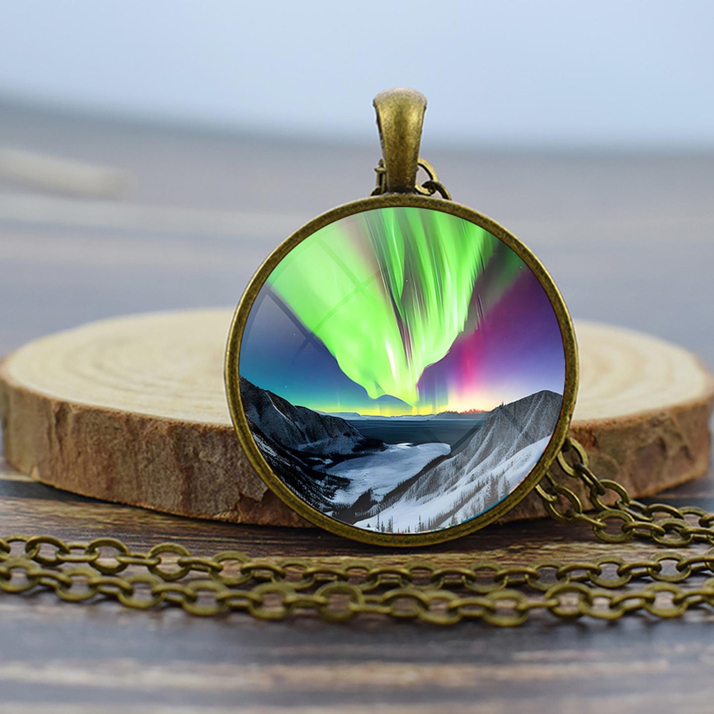 Luminous Aurora Borealis Bronze Necklace - Northern Light Jewelry - Unique Glass Dome Pendent Necklace - Perfect Aurora Lovers Gift