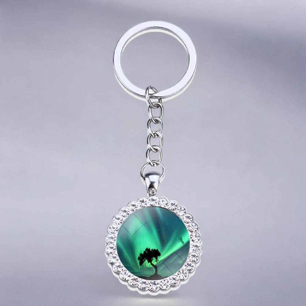 Porte-clés lumineux en argent Aurora Borealis - Bijoux Northern Light - Porte-clés en verre strass - Cadeau parfait pour les amoureux des aurores boréales