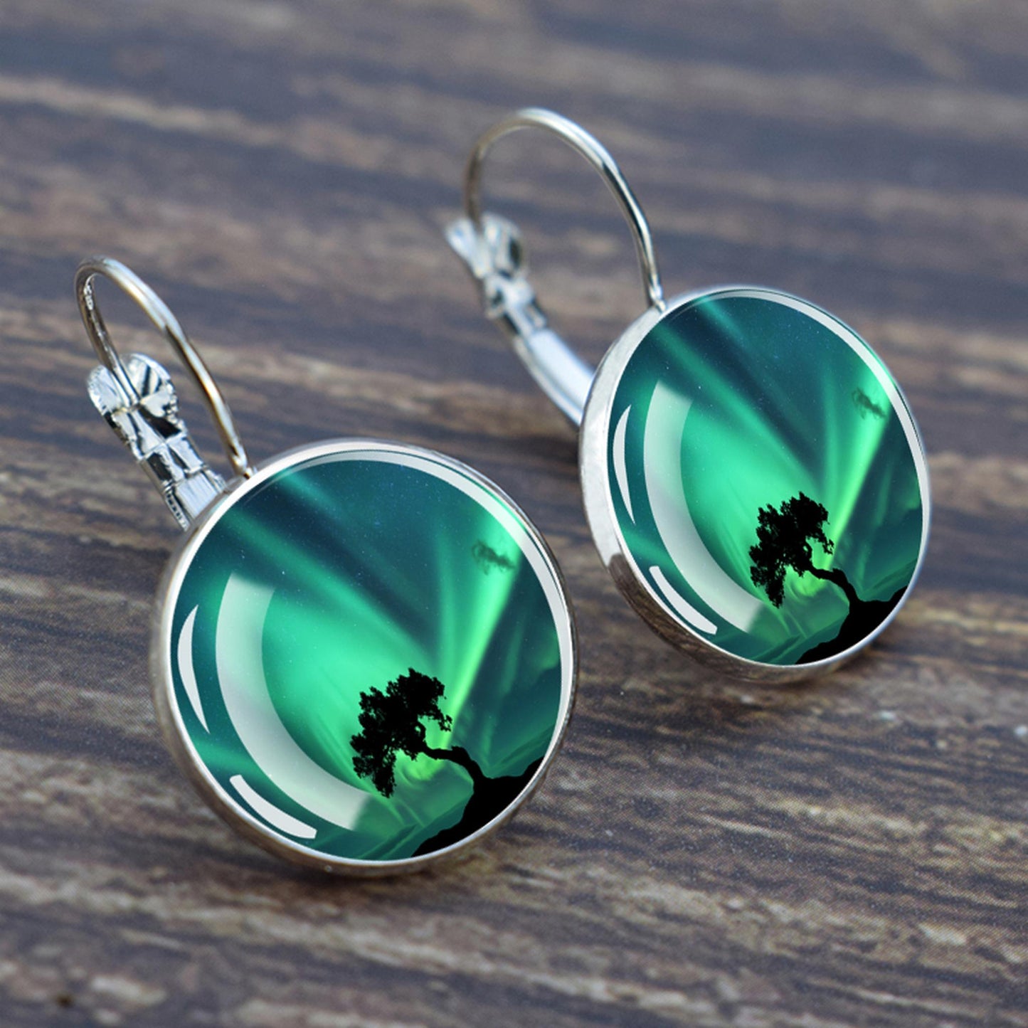 Luminous Aurora Borealis Hook Earrings - Northern Lights Jewelry - Unique Glass Cabochon Drop Earrings - Perfect Aurora Lovers Gift