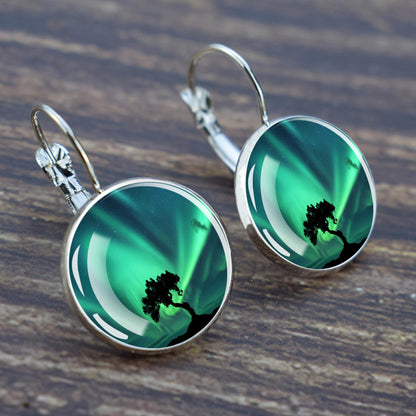 Luminous Aurora Borealis Hook Earrings - Northern Lights Jewelry - Unique Glass Cabochon Drop Earrings - Perfect Aurora Lovers Gift