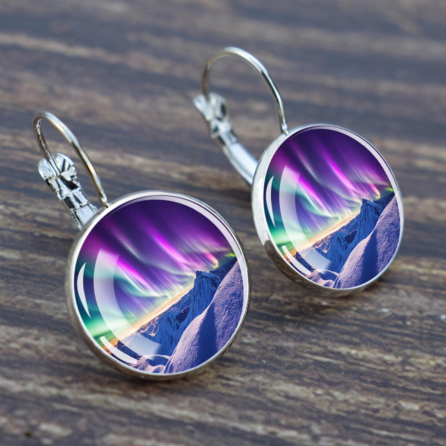 Luminous Aurora Borealis Hook Earrings - Northern Lights Jewelry - Unique Glass Cabochon Drop Earrings - Perfect Aurora Lovers Gift