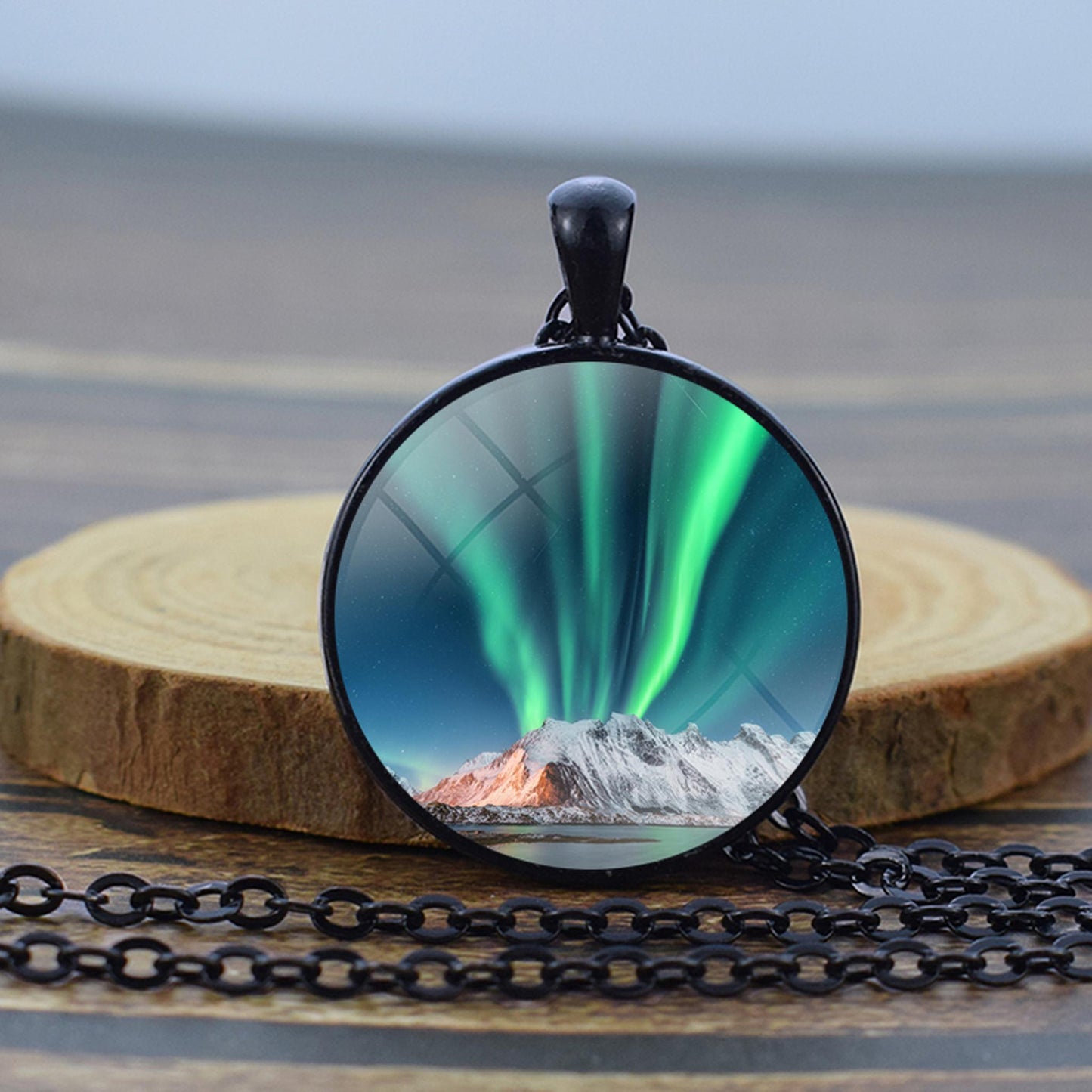 Luminous Aurora Borealis Black Necklace - Northern Light Jewelry - Unique Glass Dome Pendent Necklace - Perfect Aurora Lovers Gift