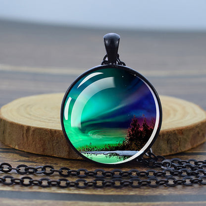 Luminous Aurora Borealis Black Necklace - Northern Light Jewelry - Unique Glass Dome Pendent Necklace - Perfect Aurora Lovers Gift