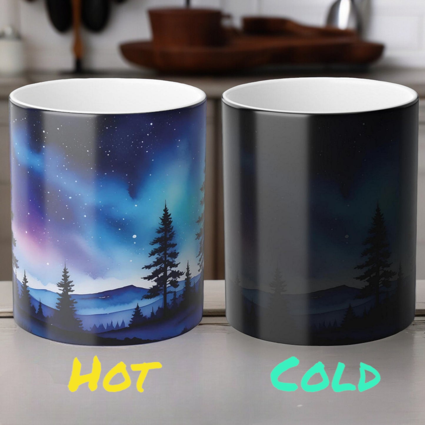 Fortryllende Aurora Borealis varmefølsomt krus - Northern Lights Magic Color Morphing-krus 11 oz - Heat Reactive Night Sky Coffee Cup - Perfekt gave til naturelskere