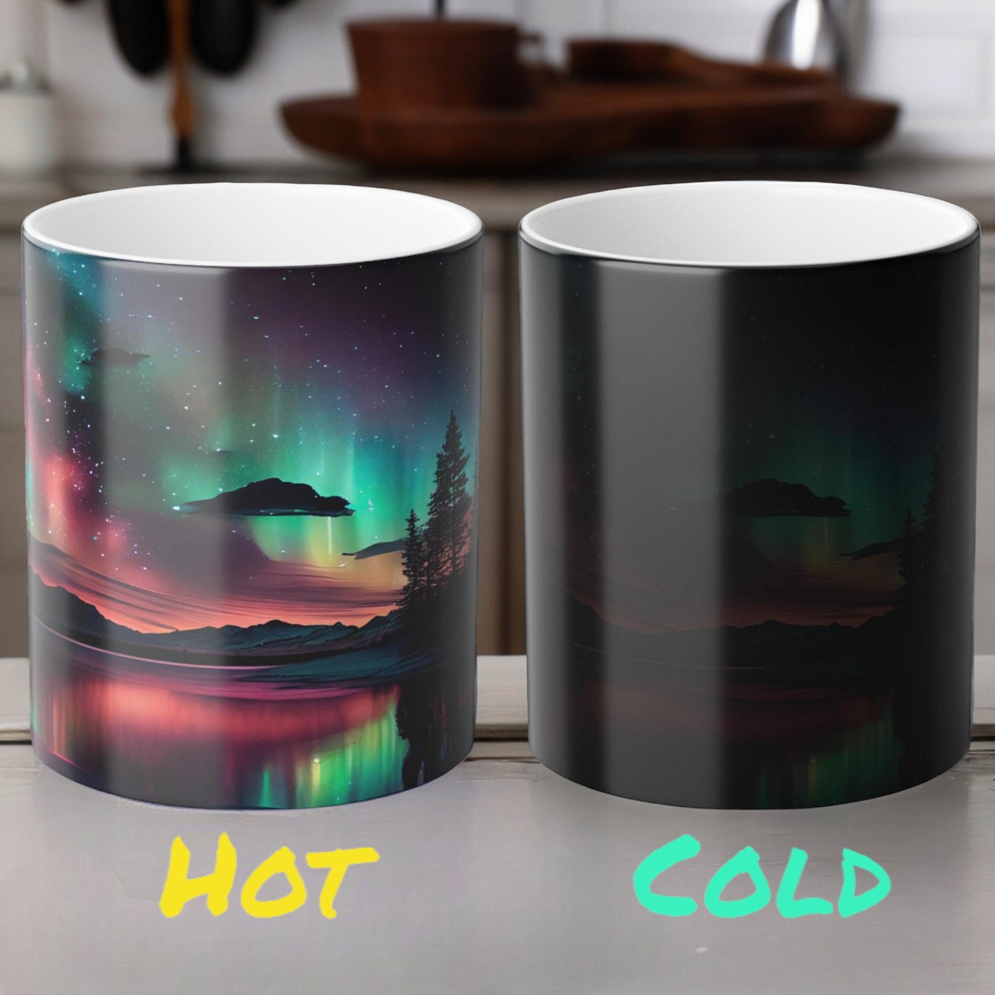 Bezaubernde wärmeempfindliche Tasse „Aurora Borealis“ – Tasse mit magischer Farbveränderung der Nordlichter, 325 ml – hitzereaktive Nachthimmel-Kaffeetasse – perfektes Geschenk für Naturliebhaber