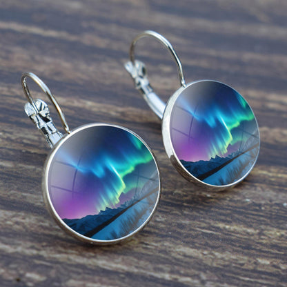 Luminous Aurora Borealis Hook Earrings - Northern Lights Jewelry - Unique Glass Cabochon Drop Earrings - Perfect Aurora Lovers Gift