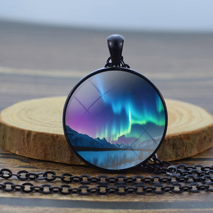 Luminous Aurora Borealis Black Necklace - Northern Light Jewelry - Unique Glass Dome Pendent Necklace - Perfect Aurora Lovers Gift