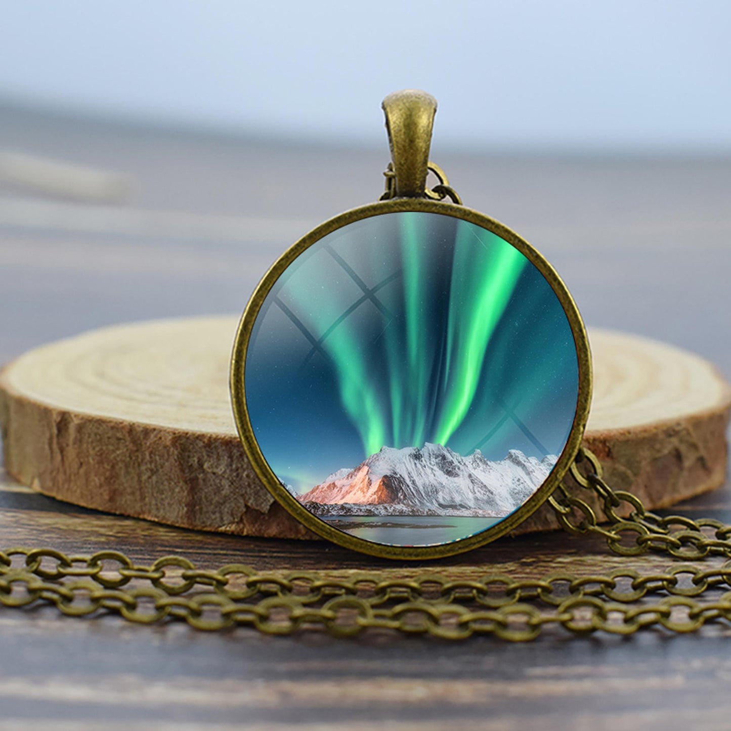 Luminous Aurora Borealis Bronze Necklace - Northern Light Jewelry - Unique Glass Dome Pendent Necklace - Perfect Aurora Lovers Gift