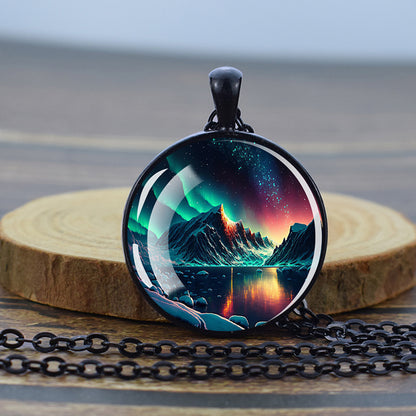 Luminous Aurora Borealis Black Necklace - Northern Light Jewelry - Unique Glass Dome Pendent Necklace - Perfect Aurora Lovers Gift