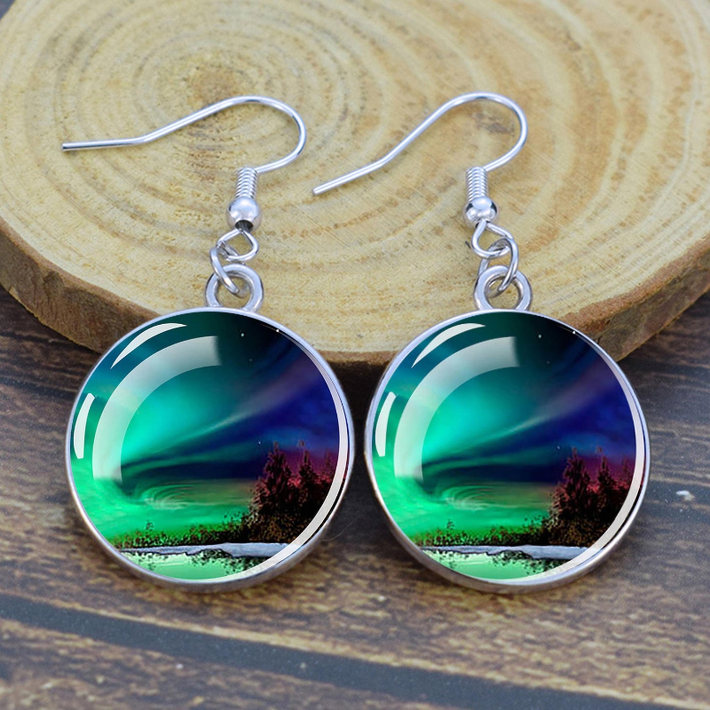 Luminous Aurora Borealis Drop Earrings - Northern Lights Jewelry - Unique Glass Cabochon Dangle Earrings - Perfect Aurora Lovers Gift