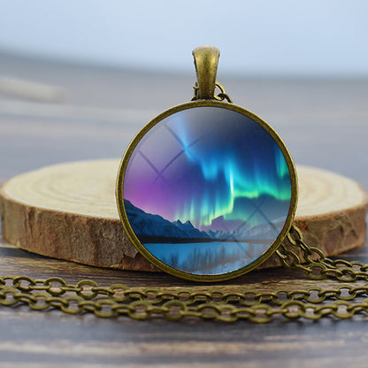 Luminous Aurora Borealis Bronze Necklace - Northern Light Jewelry - Unique Glass Dome Pendent Necklace - Perfect Aurora Lovers Gift