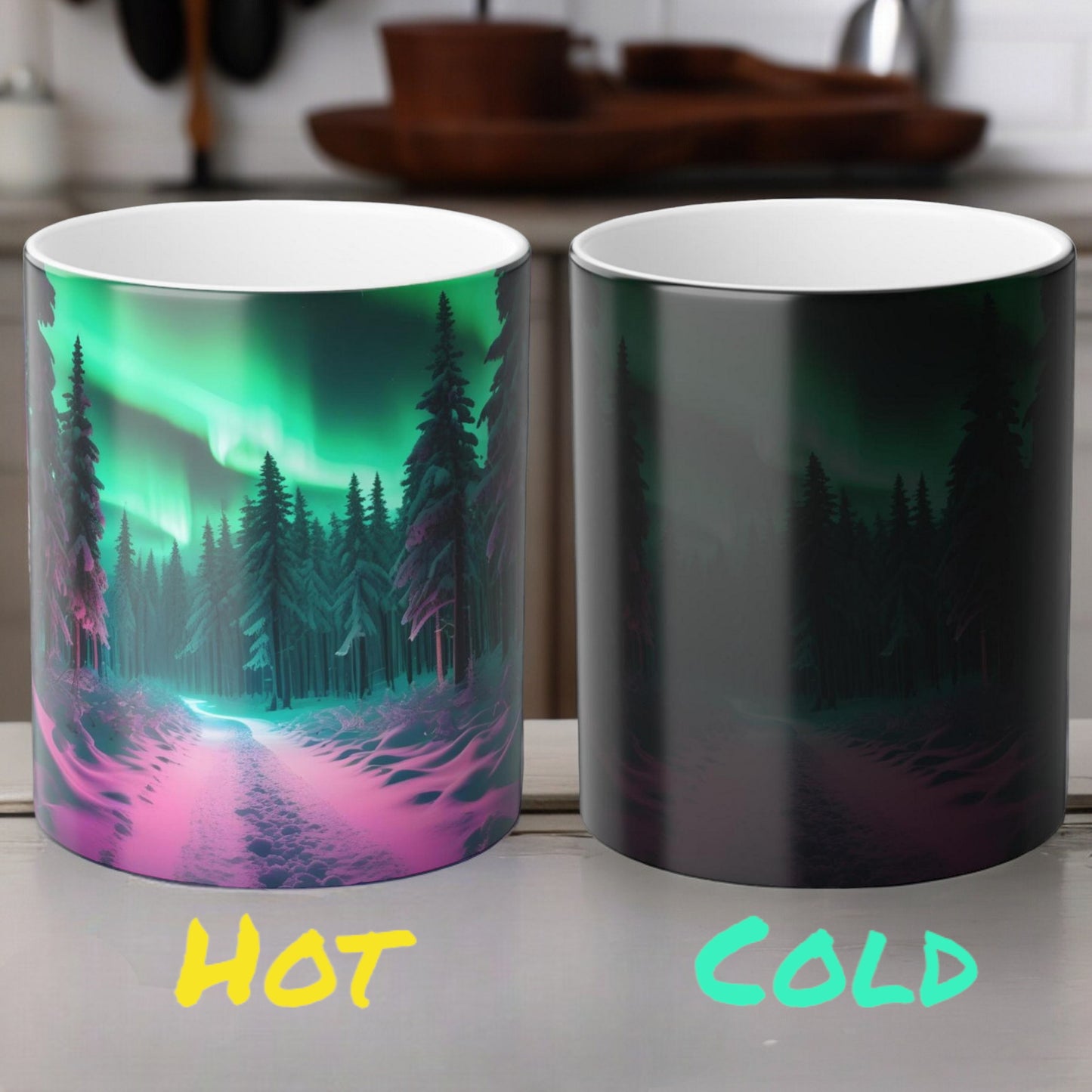 Lumoava Aurora Borealis Heat Sensitive Muki - Northern Lights Magic Color Morphing Muki 11 unssia - Heat Reactive Night Sky Coffee Cup - Täydellinen lahja luonnon ystäville