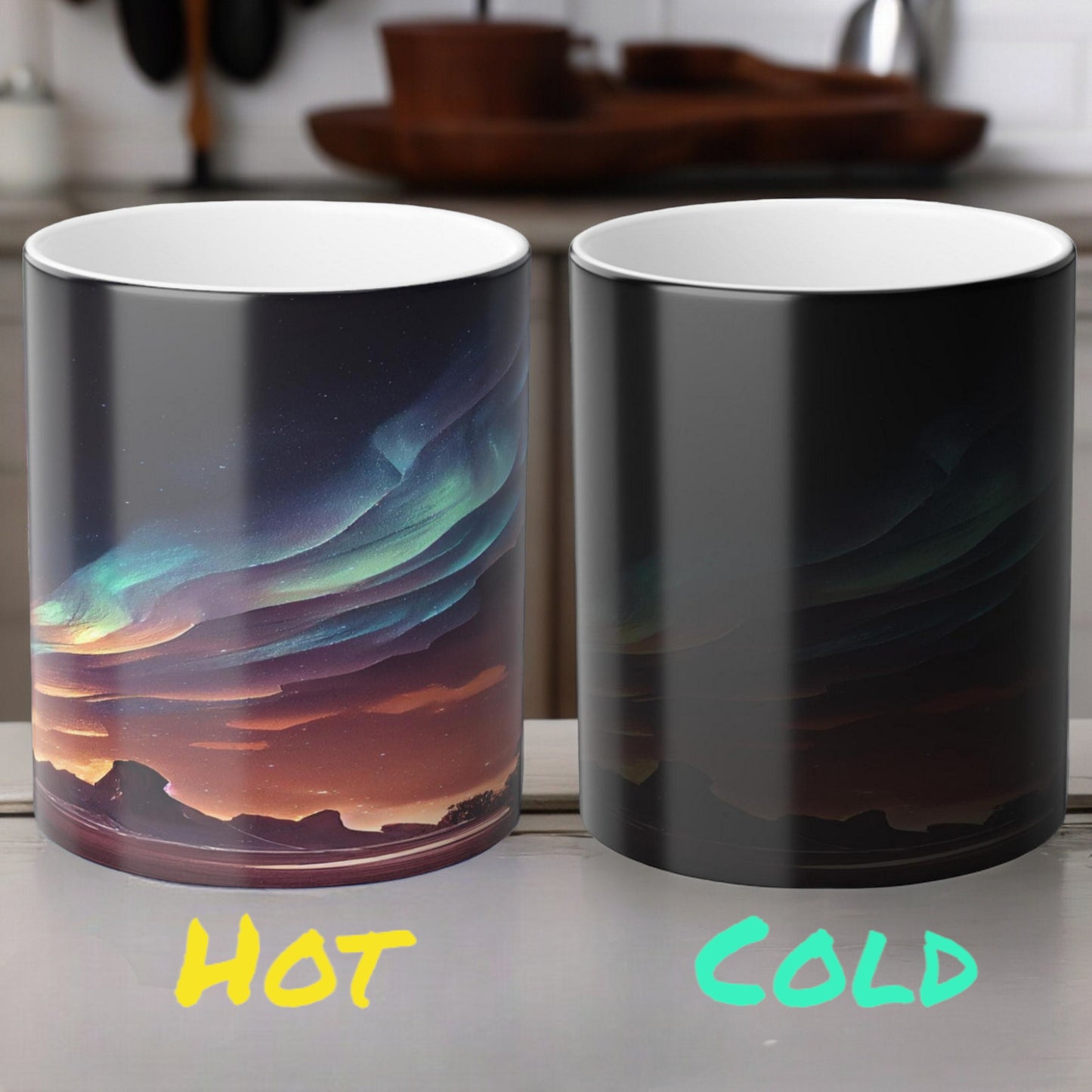 Fortryllende Aurora Borealis varmefølsomt krus - Northern Lights Magic Color Morphing-krus 11 oz - Heat Reactive Night Sky Coffee Cup - Perfekt gave til naturelskere