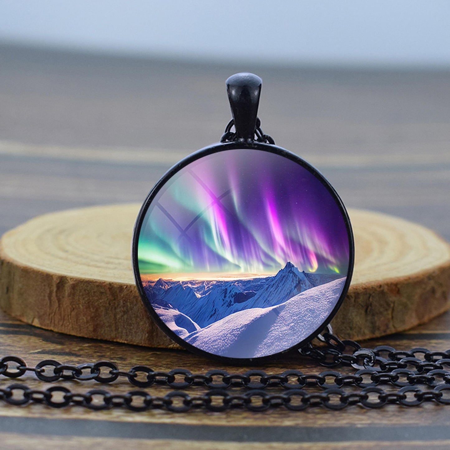 Luminous Aurora Borealis Black Necklace - Northern Light Jewelry - Unique Glass Dome Pendent Necklace - Perfect Aurora Lovers Gift