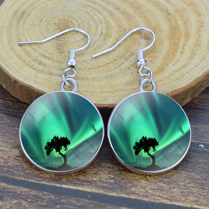 Pendientes colgantes luminosos de aurora boreal - Joyería de aurora boreal - Pendientes colgantes de cabujón de vidrio únicos - Regalo perfecto para los amantes de la aurora