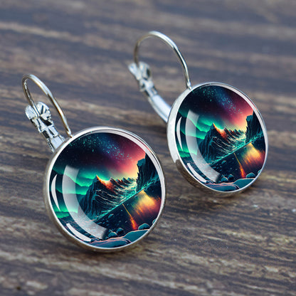 Luminous Aurora Borealis Hook Earrings - Northern Lights Jewelry - Unique Glass Cabochon Drop Earrings - Perfect Aurora Lovers Gift