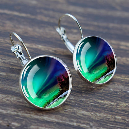 Luminous Aurora Borealis Hook Earrings - Northern Lights Jewelry - Unique Glass Cabochon Drop Earrings - Perfect Aurora Lovers Gift