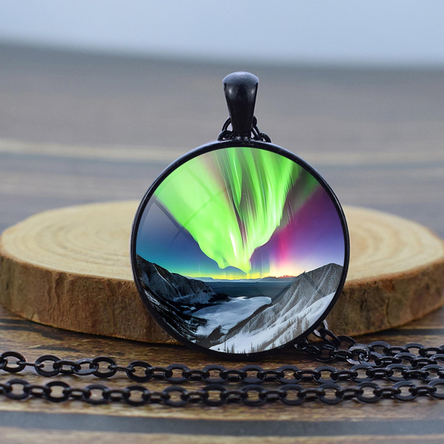 Luminous Aurora Borealis Black Necklace - Northern Light Jewelry - Unique Glass Dome Pendent Necklace - Perfect Aurora Lovers Gift