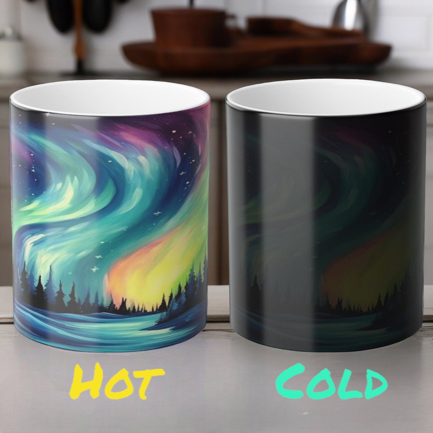 Töfrandi Aurora Borealis hitanæm mál - Northern Lights Magic Color Morphing Mug 11oz - Heat Reactive Night Sky Kaffibolli - Fullkomin gjöf fyrir náttúruunnendur