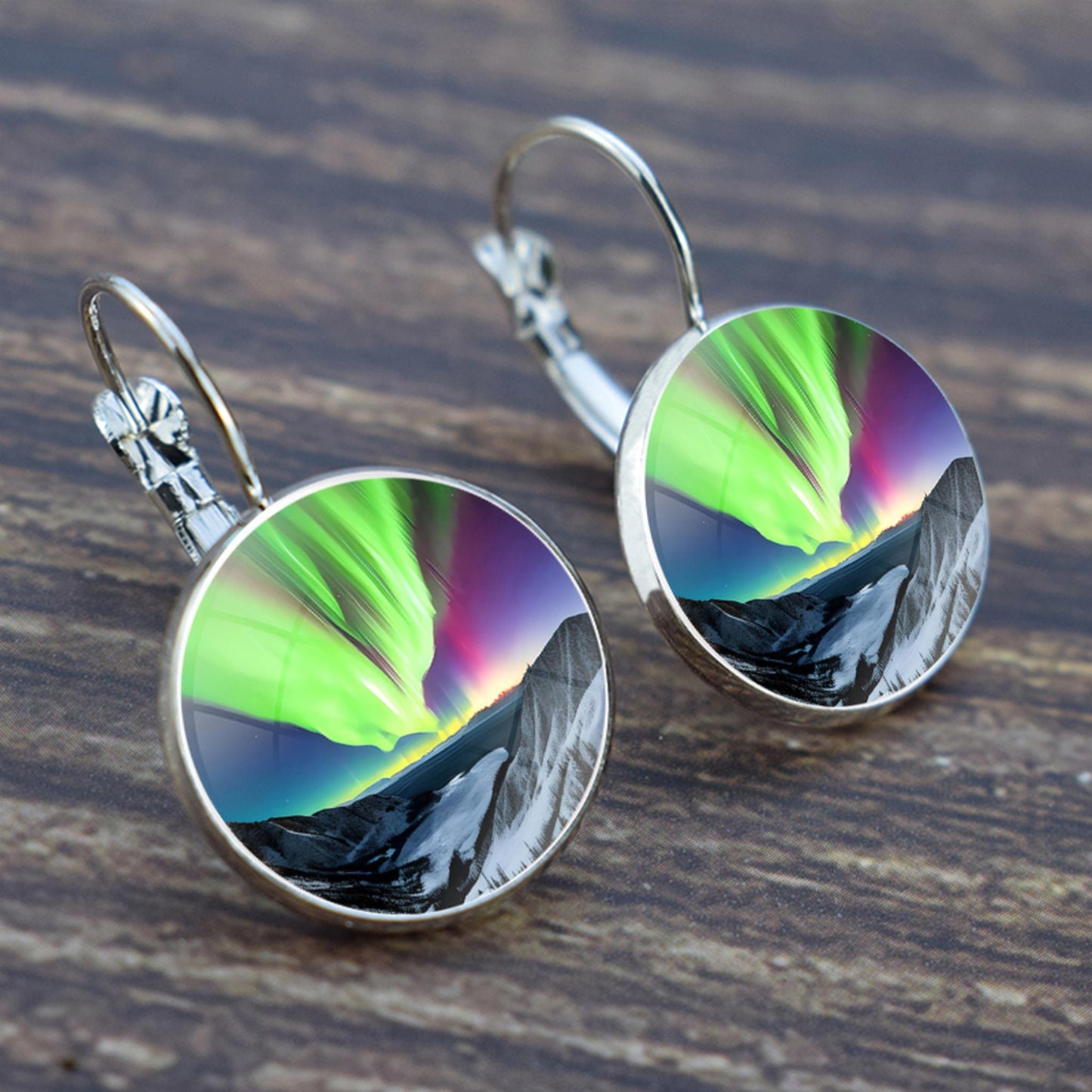 Luminous Aurora Borealis Hook Earrings - Northern Lights Jewelry - Unique Glass Cabochon Drop Earrings - Perfect Aurora Lovers Gift