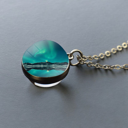 Luminous Aurora Borealis Silver Necklace- Northern Light Jewelry - Unique Double Side Glass Ball Pendent Necklace - Perfect Aurora Lovers Gift