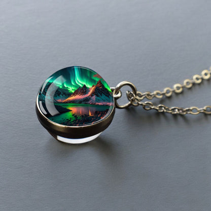 Luminous Aurora Borealis Silver Necklace- Northern Light Jewelry - Unique Double Side Glass Ball Pendent Necklace - Perfect Aurora Lovers Gift