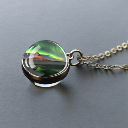 Luminous Aurora Borealis Silver Necklace- Northern Light Jewelry - Unique Double Side Glass Ball Pendent Necklace - Perfect Aurora Lovers Gift