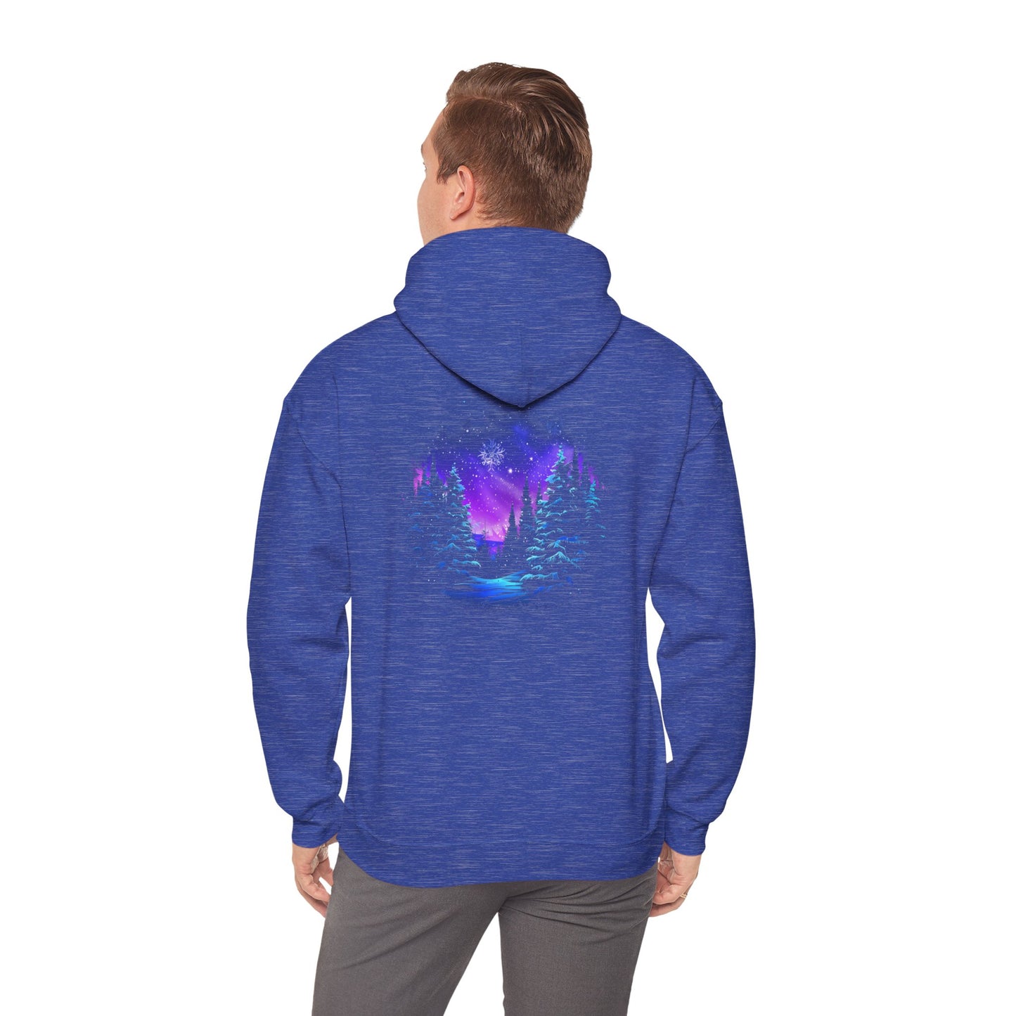 Aurora Borealis Unisex Heavy Blend™ Hooded Sweatshirt (Back design) - Northern Lights Arctic Magical Night Starry Sky Forest Tree Snow Snowflake Nature Adventure - Autumn Fall T-shirt - Aurora Gift