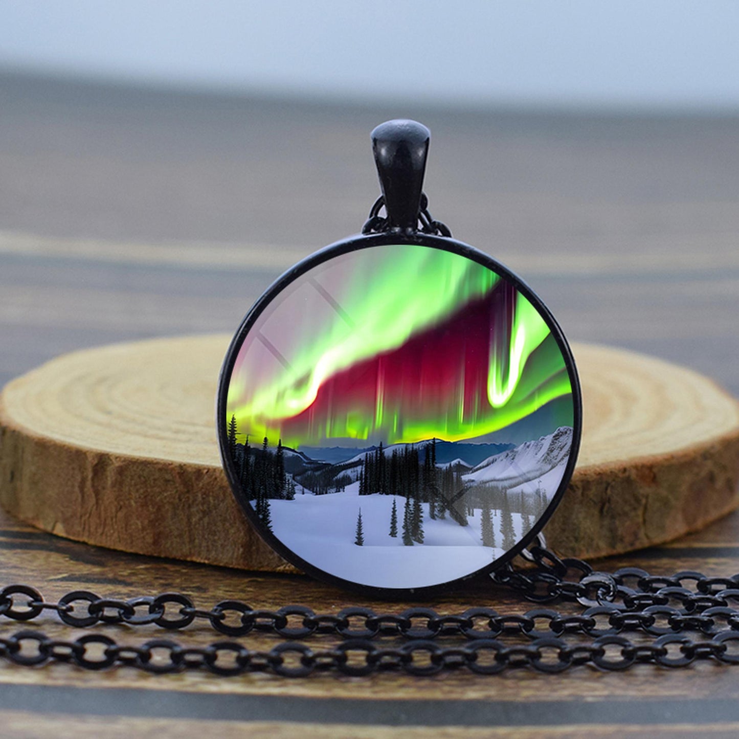 Luminous Aurora Borealis Black Necklace - Northern Light Jewelry - Unique Glass Dome Pendent Necklace - Perfect Aurora Lovers Gift