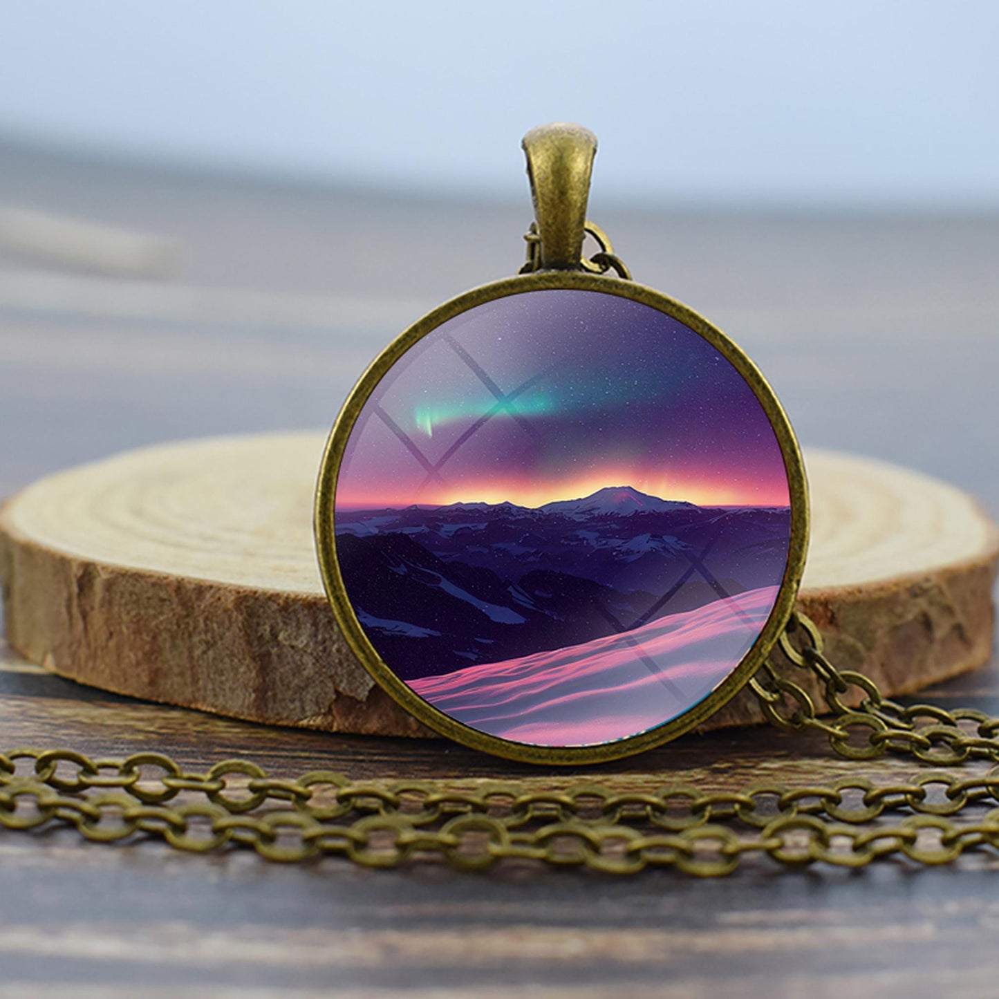 Luminous Aurora Borealis Bronze Necklace - Northern Light Jewelry - Unique Glass Dome Pendent Necklace - Perfect Aurora Lovers Gift