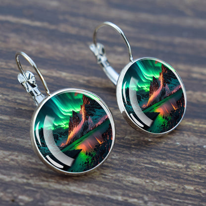 Luminous Aurora Borealis Hook Earrings - Northern Lights Jewelry - Unique Glass Cabochon Drop Earrings - Perfect Aurora Lovers Gift