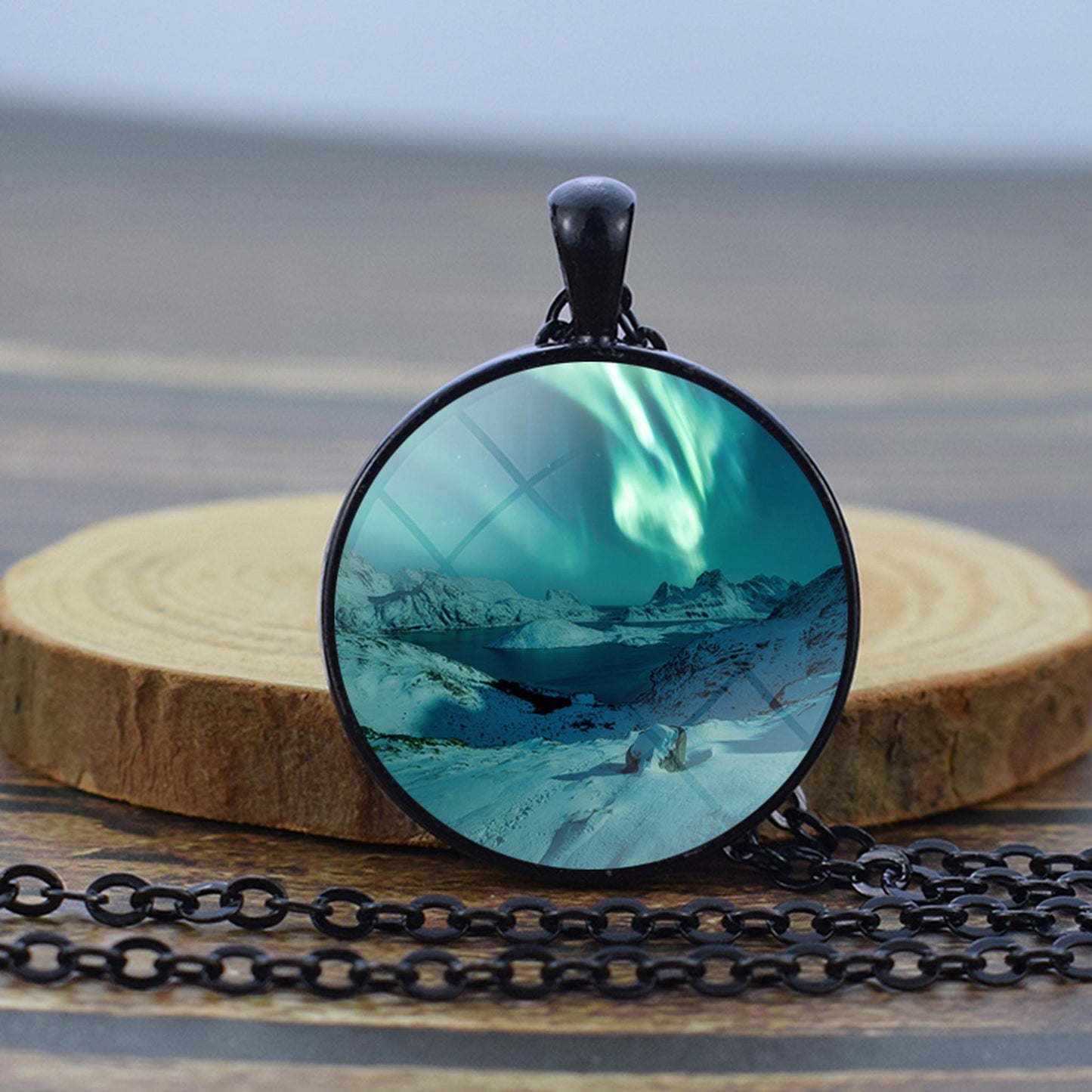 Luminous Aurora Borealis Black Necklace - Northern Light Jewelry - Unique Glass Dome Pendent Necklace - Perfect Aurora Lovers Gift